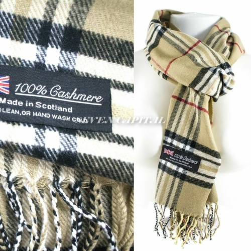 Two plaid scarves with brand labels on a white background