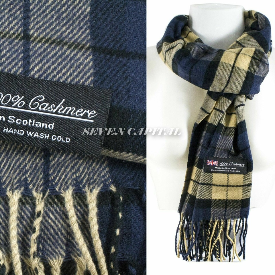 Plaid cashmere scarf with brand label on a white background