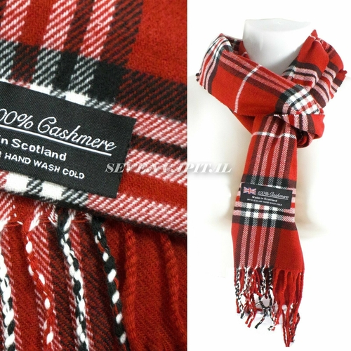 Red plaid cashmere scarf with label on a white background