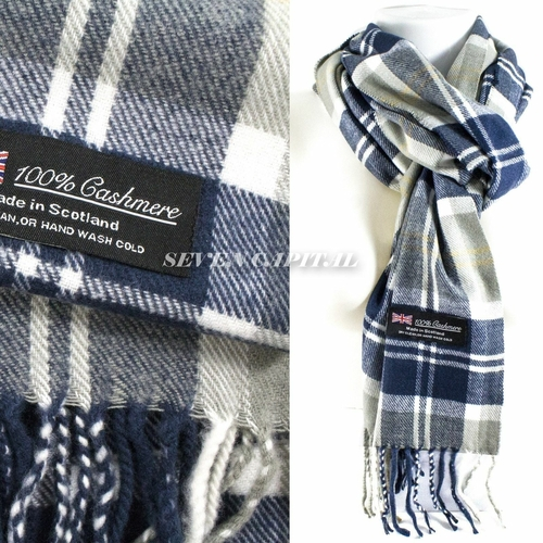 Blue and white plaid cashmere scarf with a label on a white background