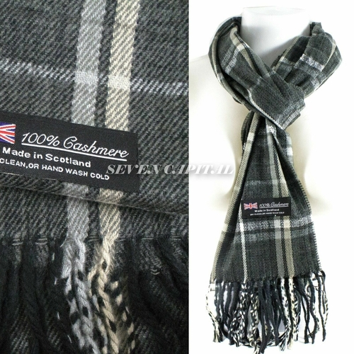 Plaid cashmere scarf with label on a white background