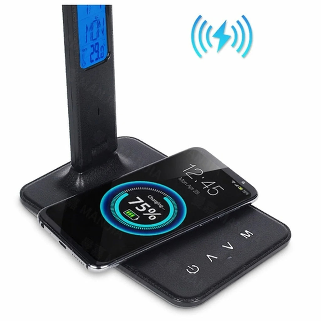 A black multi-functional desk lamp showing demonstrating the built-in wireless smartphone charging base.