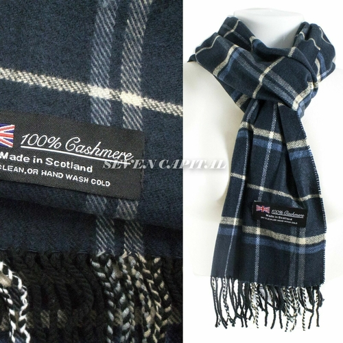 Navy plaid cashmere scarf with label on a white background