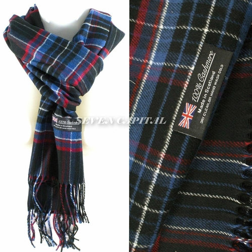 Plaid scarf with a visible brand label on a white background