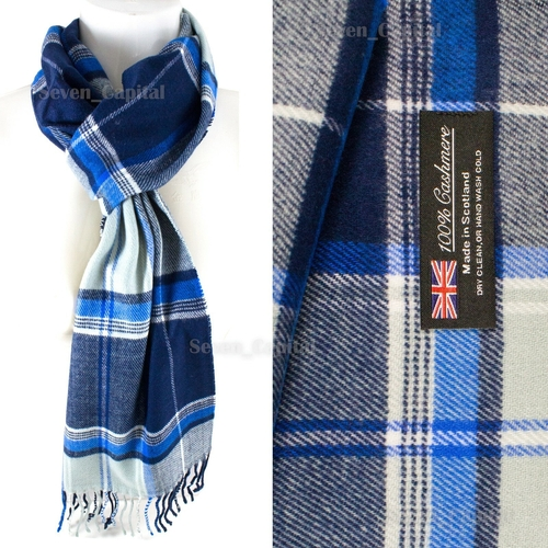 Blue and white plaid scarf with a label on a white background