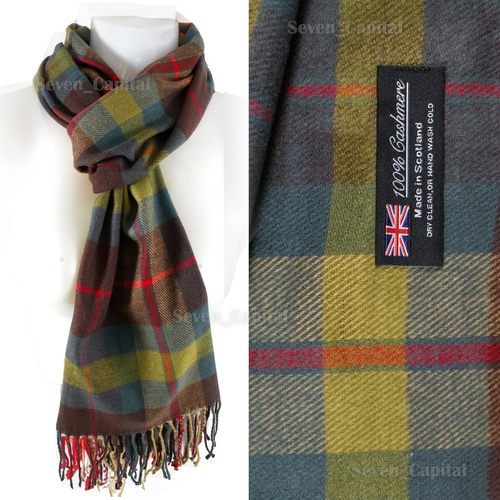 Plaid scarf with a visible brand label on a white background