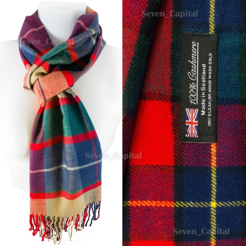 Plaid scarf with a brand label on a white background