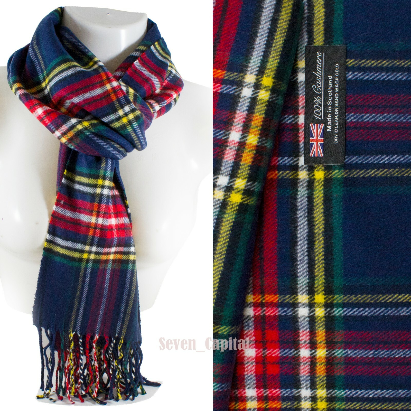 Plaid scarf with colorful pattern and brand label on a white background