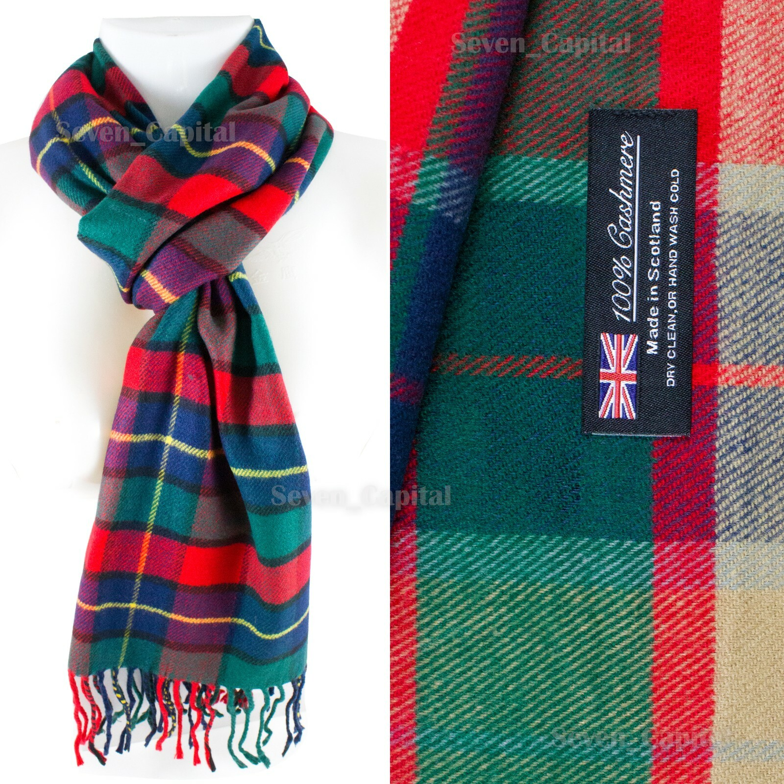 Plaid scarf with visible brand label on a white background