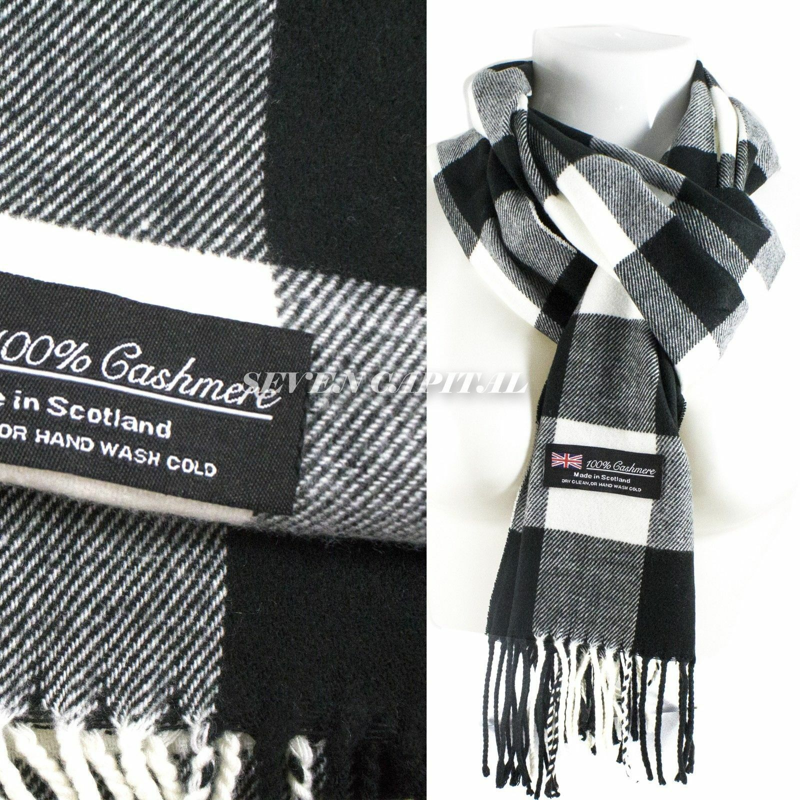 Black and white checkered scarf with cashmere label on a white background