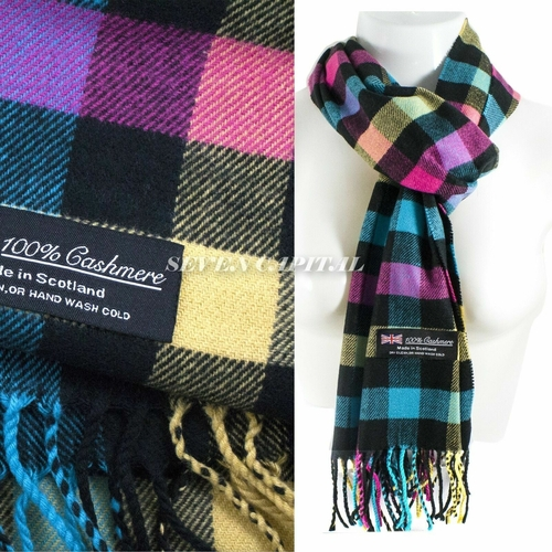 Plaid cashmere scarf with brand label on a white background