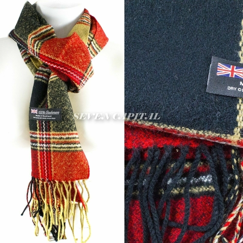 Two plaid scarves with brand labels on a white background