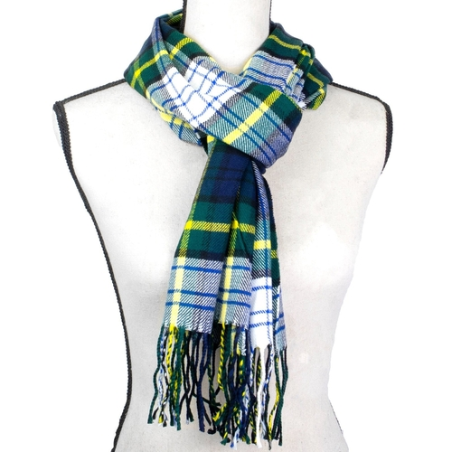 A multicolor tartan plaid scarf with green, blue, white, and yellow stripes and fringed ends, displayed on a white mannequin torso against a white background.