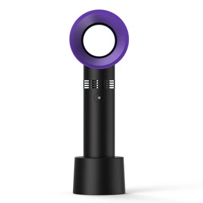 Black handheld fan with purple circular design on a white background