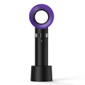 Black handheld fan with purple circular design on a white background