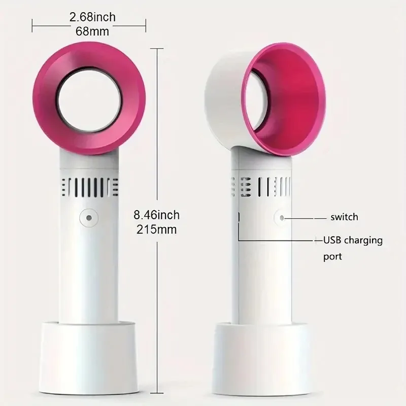 A dual-view product diagram of a handheld fan with dimensions labeled: 2.68 inch width, 8.