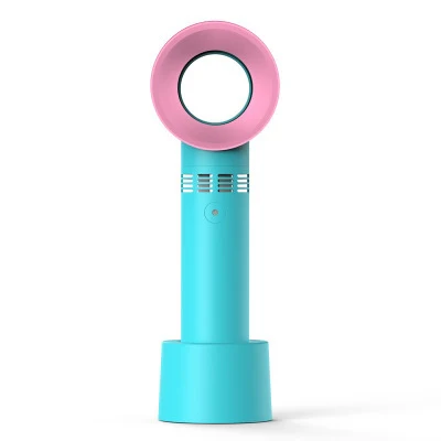 Turquoise and pink handheld fan on a white background