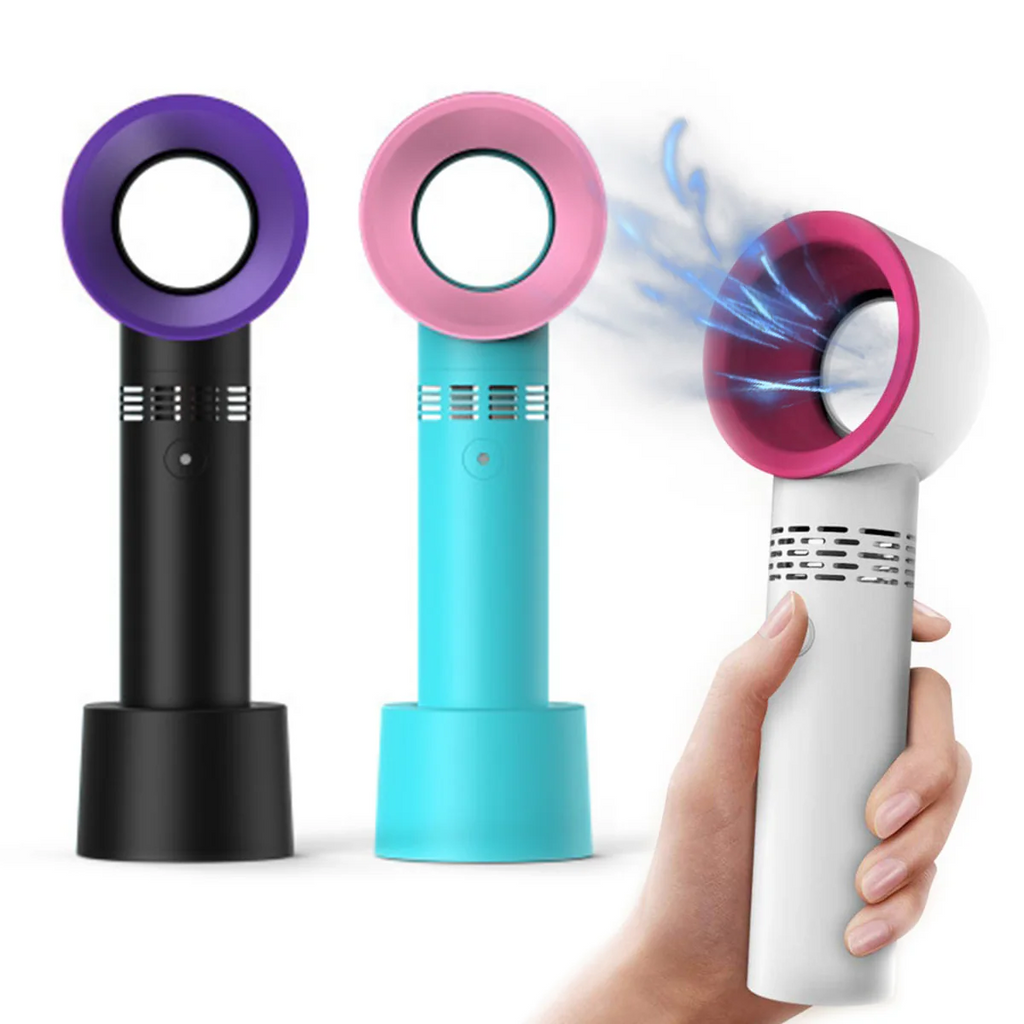 Three colorful handheld fans with a hand holding one of them on a white background