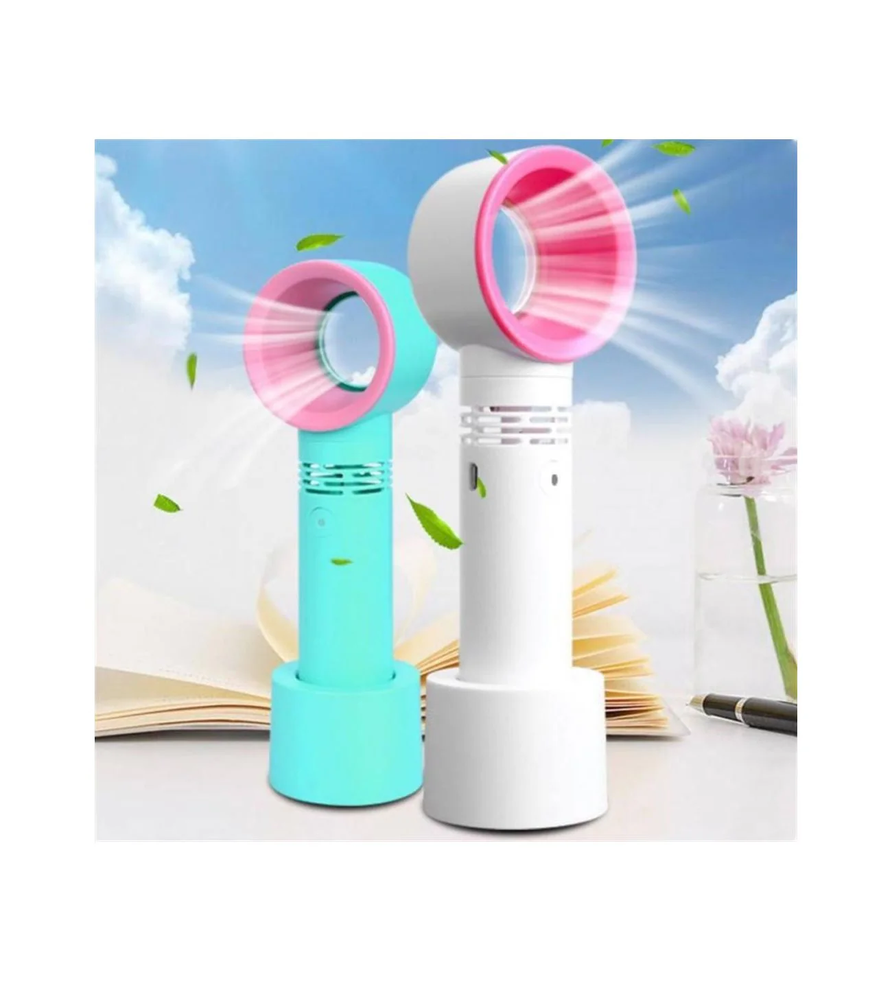 Two colorful handheld fans on a white surface with a light blue background