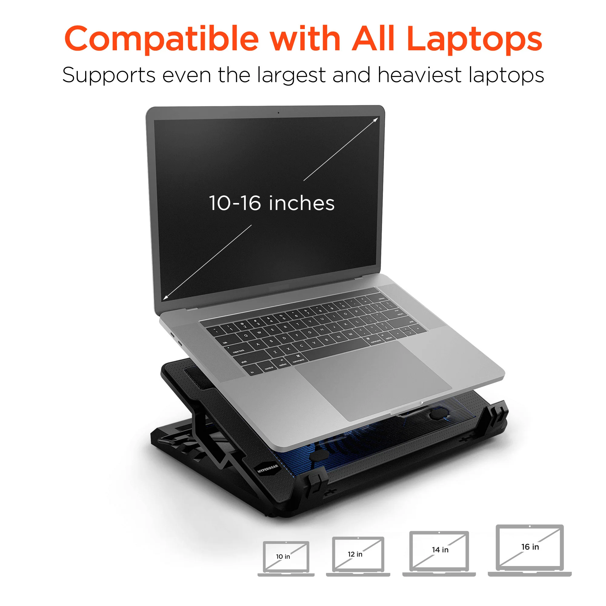 Laptop stand supporting a laptop with text indicating compatibility and size range.