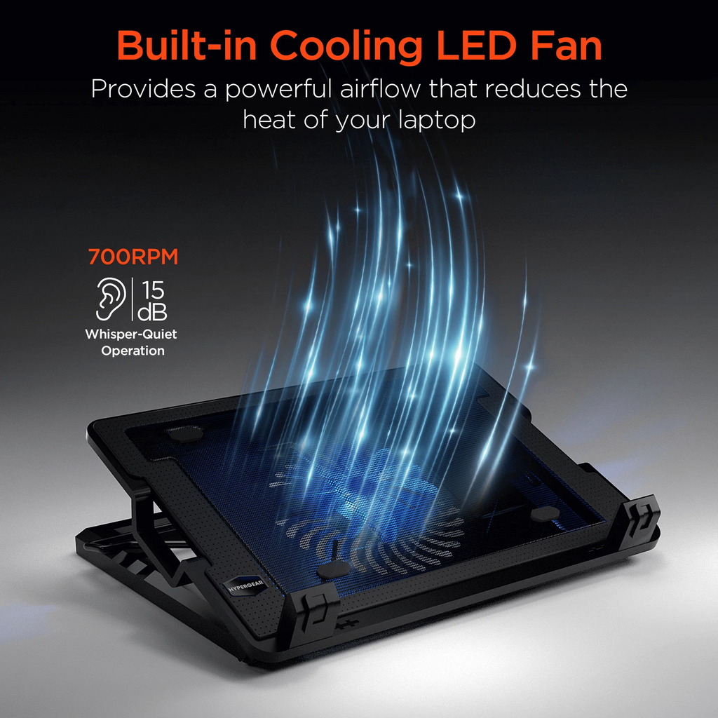 Laptop cooling pad with built-in LED fan and airflow illustration on a dark background