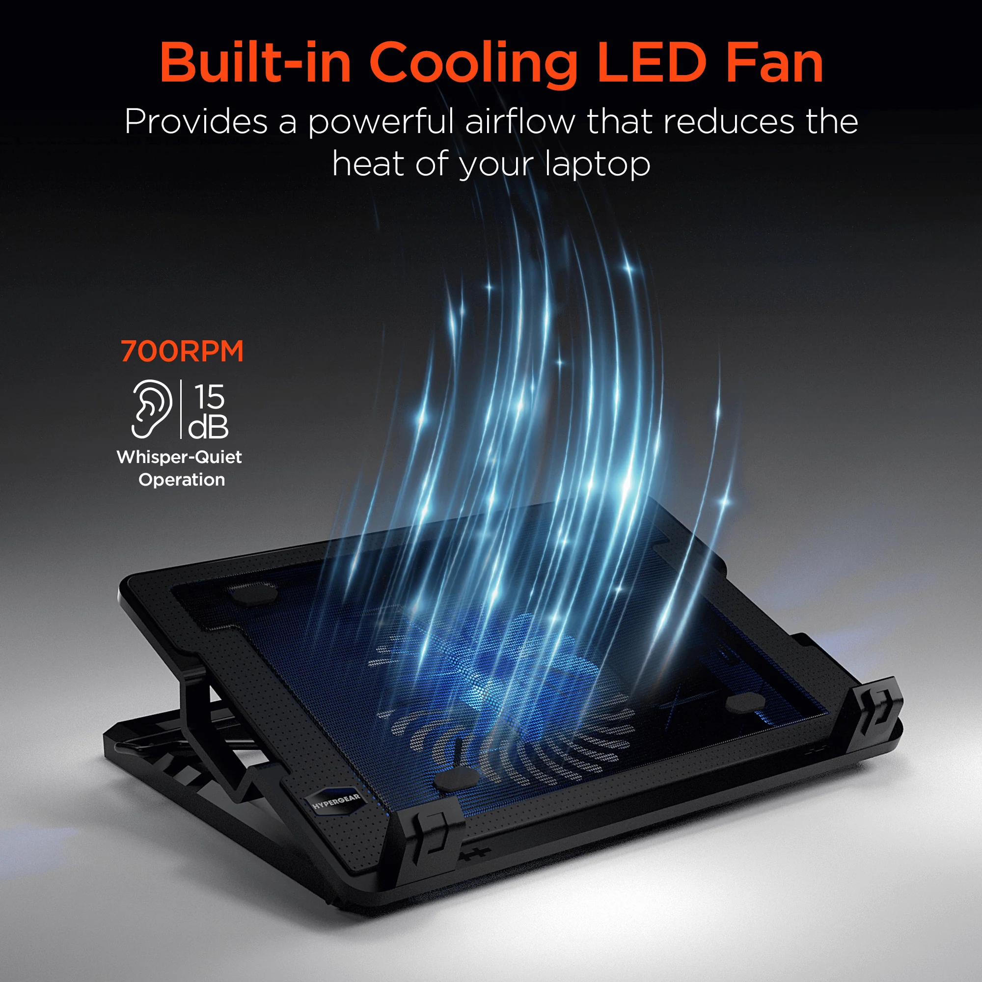 Laptop cooling pad with built-in LED fan and airflow illustration on a dark background