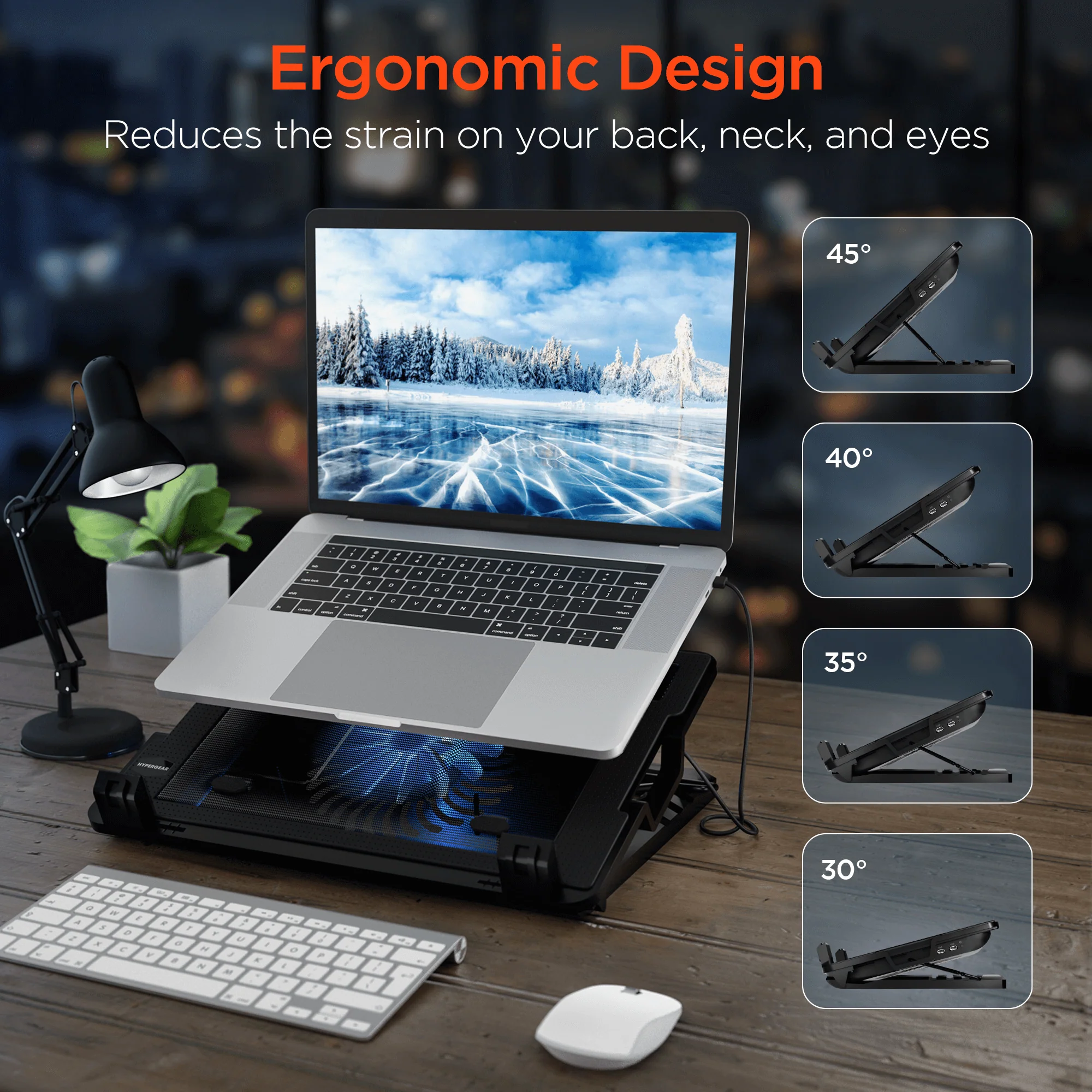 Laptop on an adjustable stand with ergonomic design features displayed.