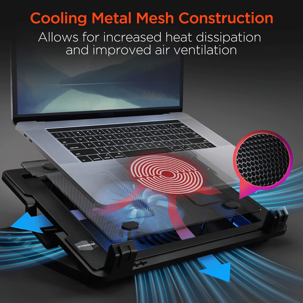 Laptop with cooling pad showing cooling metal mesh construction and airflow.