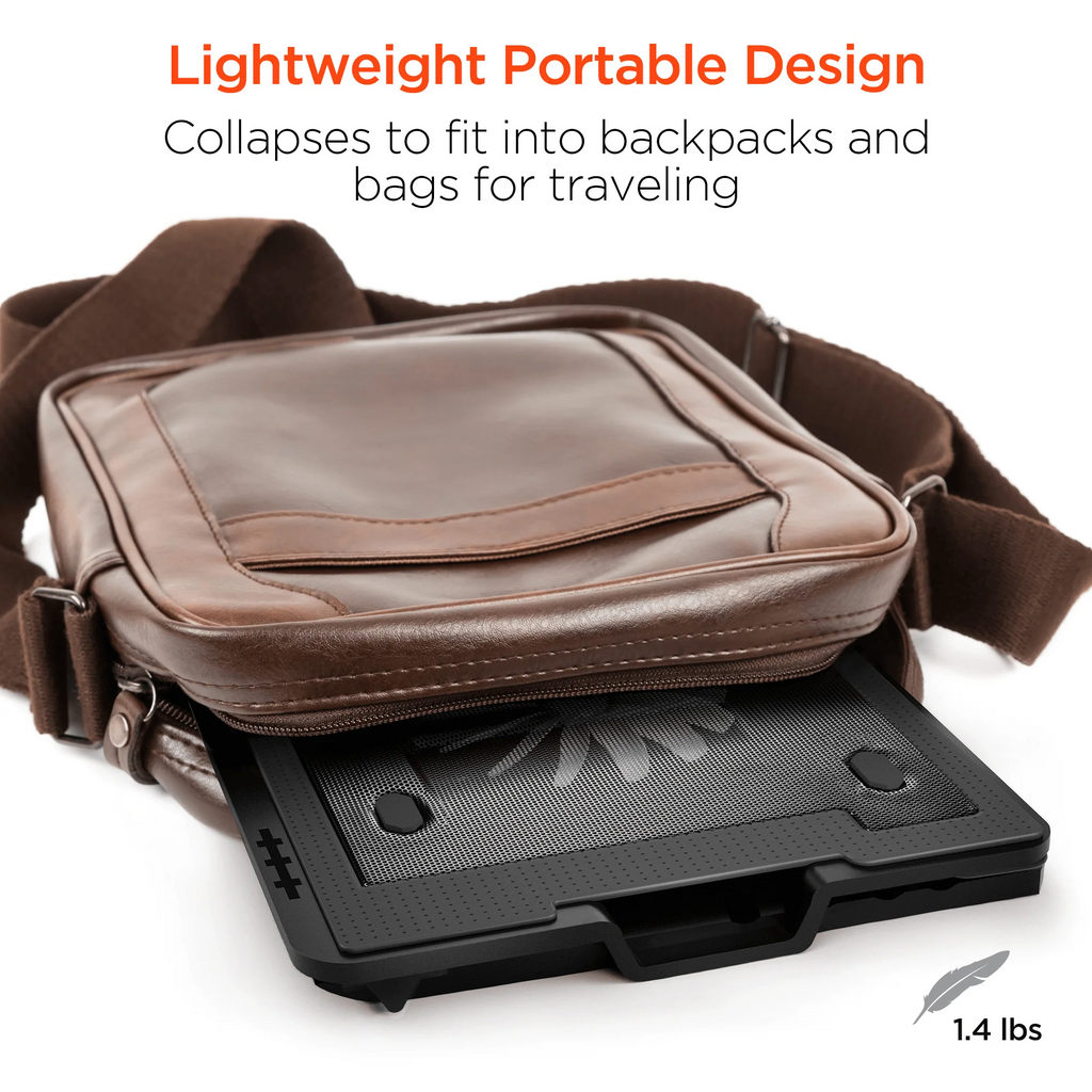 Brown leather crossbody bag with a black travel organizer on a white background, featuring text about its lightweight portable design.