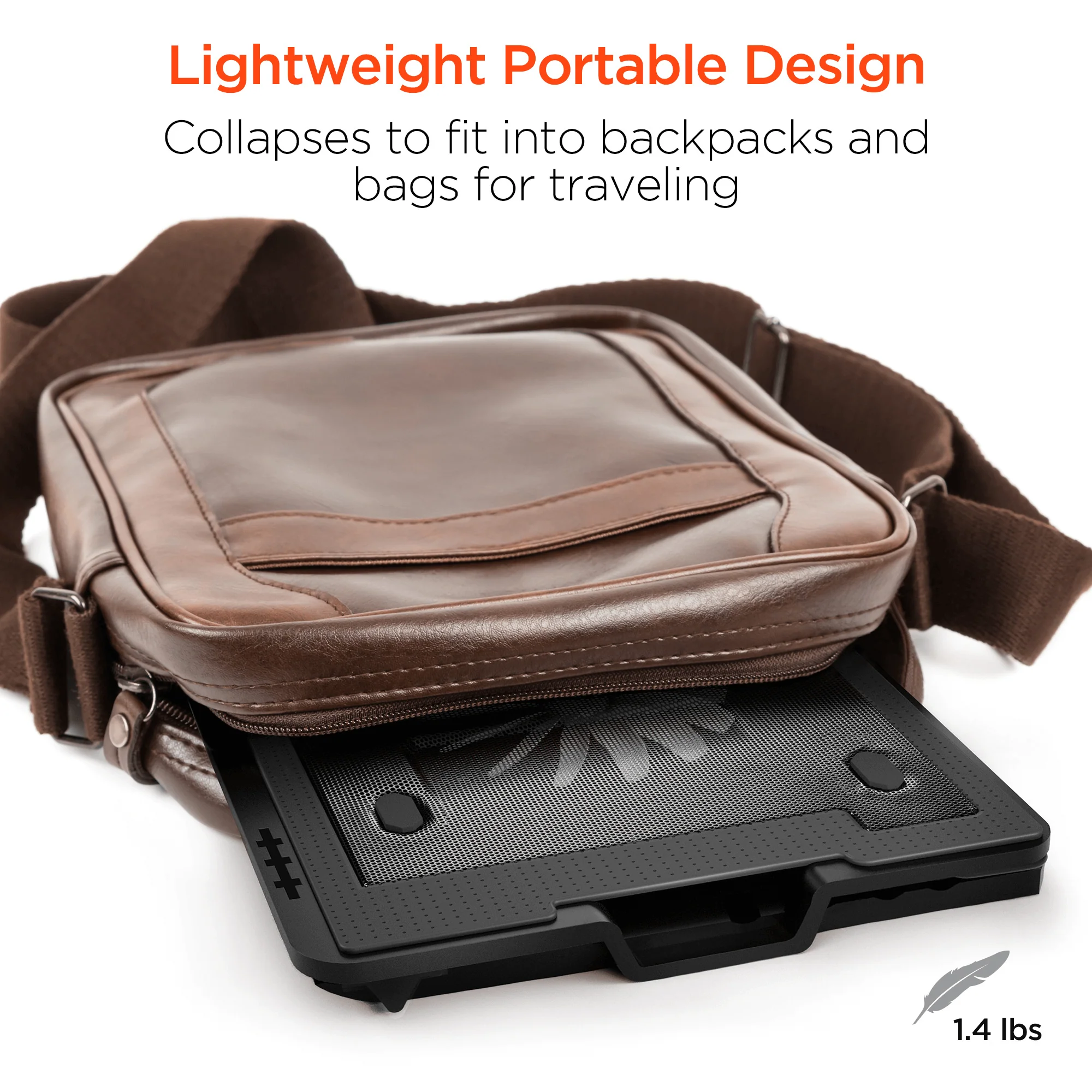 Brown leather crossbody bag with a black travel organizer on a white background, featuring text about its lightweight portable design.
