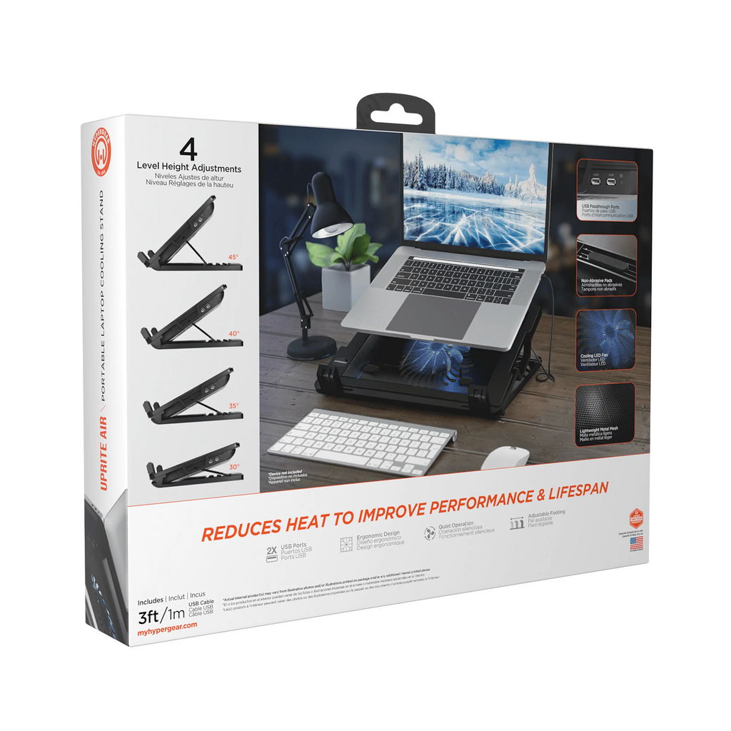 Product packaging for a laptop stand with desk setup illustration on a white background