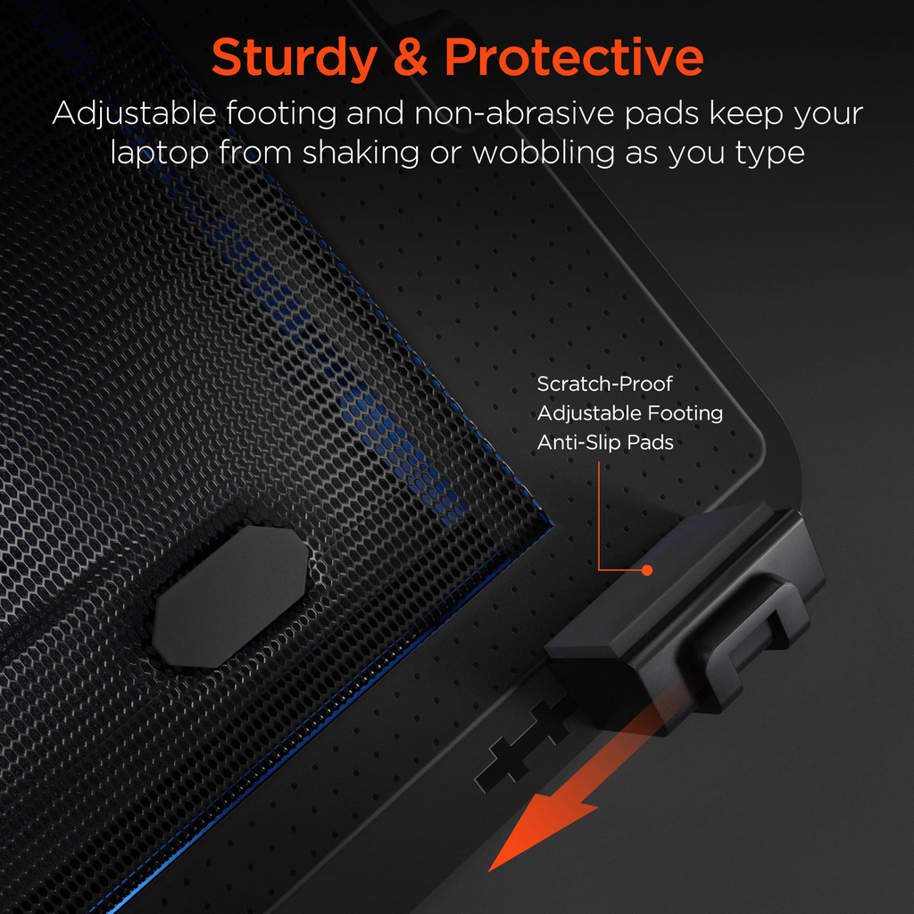Laptop stand with adjustable footing and non-abrasive pads on a dark background