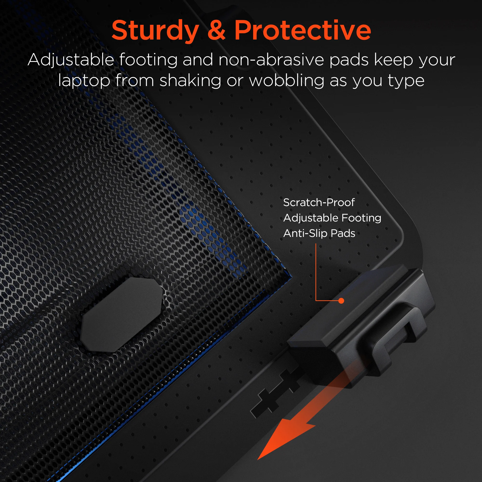 Laptop stand with adjustable footing and non-abrasive pads on a dark background