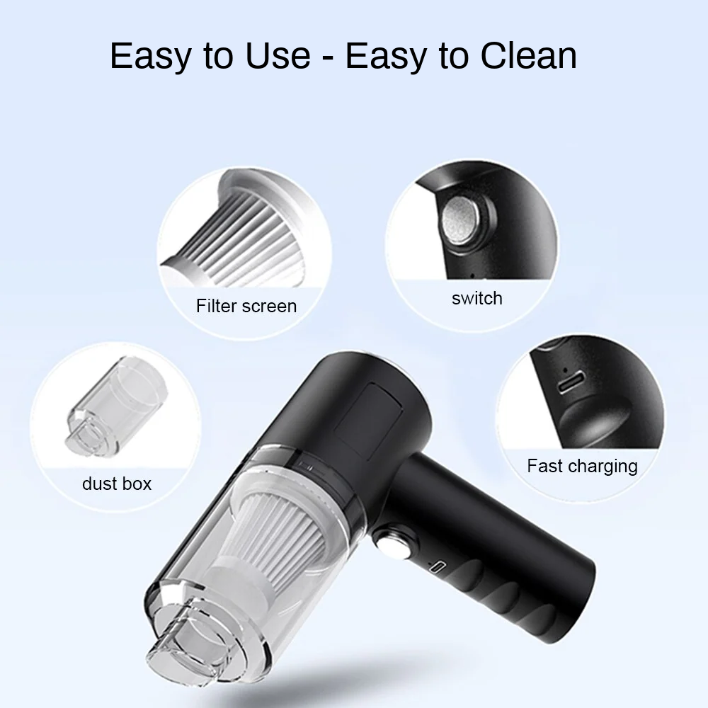 A handheld black and clear vacuum cleaner shown on a light blue background with text reading 'Easy to Use - Easy to Clean' and four circular callouts labeled filter screen, switch, dust box, and fast charging.