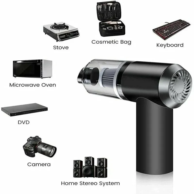 Black handheld vacuum cleaner with labeled items it can clean on a white background