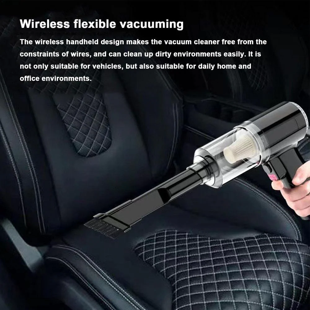 Wireless handheld vacuum cleaner cleaning a car seat with text about its flexibility and versatility.