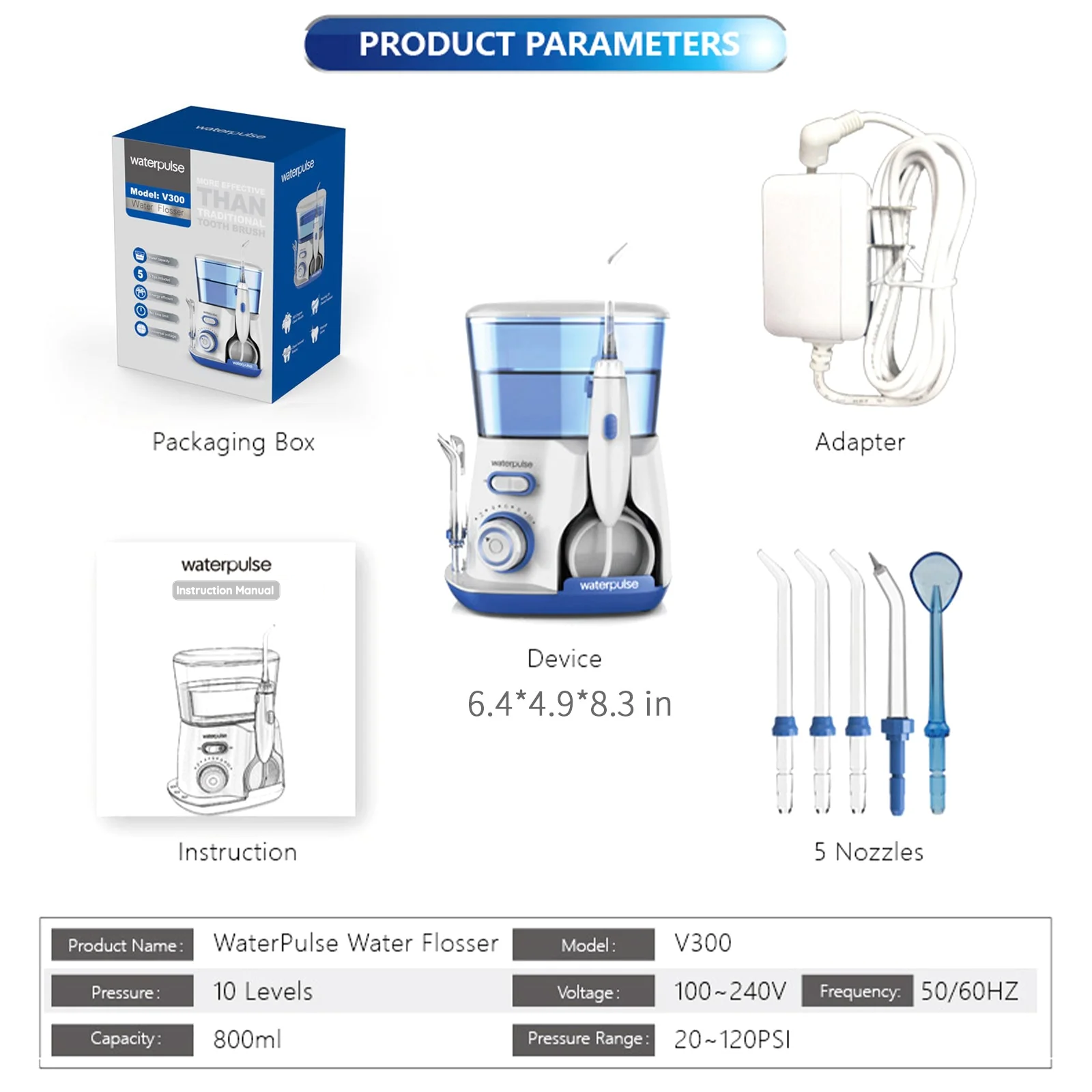 Water pulse water flosser product information graphic showing the packaging box, device, adapter, instruction manual, and five nozzles on a white background with a blue 'PRODUCT PARAMETERS' header and a specs table at the bottom.