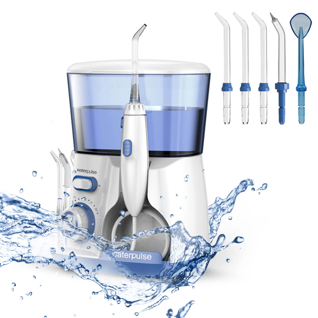 Waterpulse dental water flosser with various nozzles on a white background
