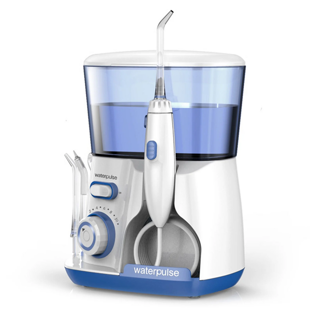 White and blue dental water flosser with visible 'Waterpulse' branding on a white background