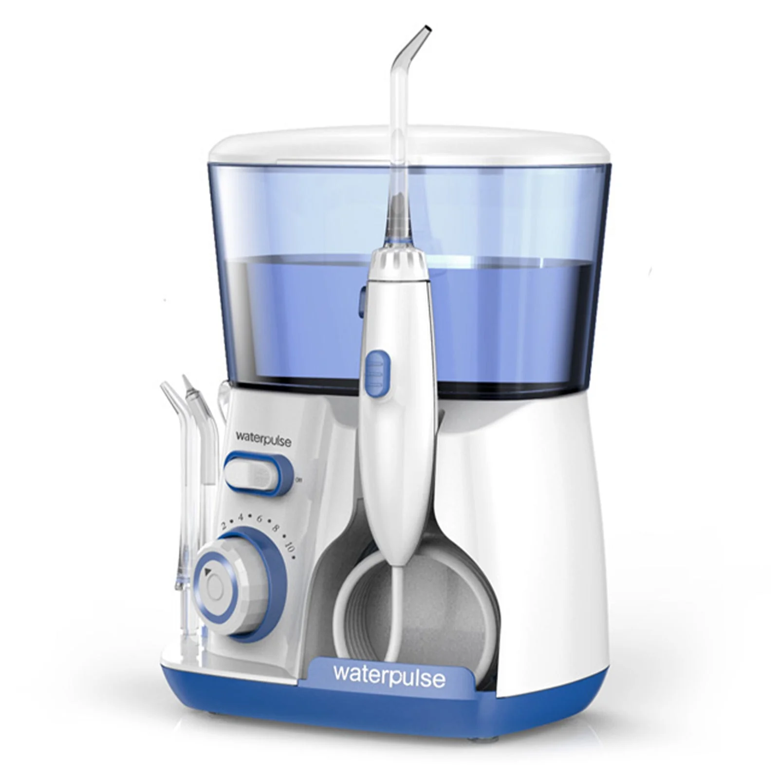 White and blue dental water flosser with visible 'Waterpulse' branding on a white background