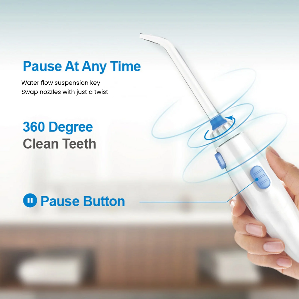 A hand holding a white and blue oral irrigator water flosser against a blurred bathroom background, with text callouts explaining pause and 360-degree clean teeth features.