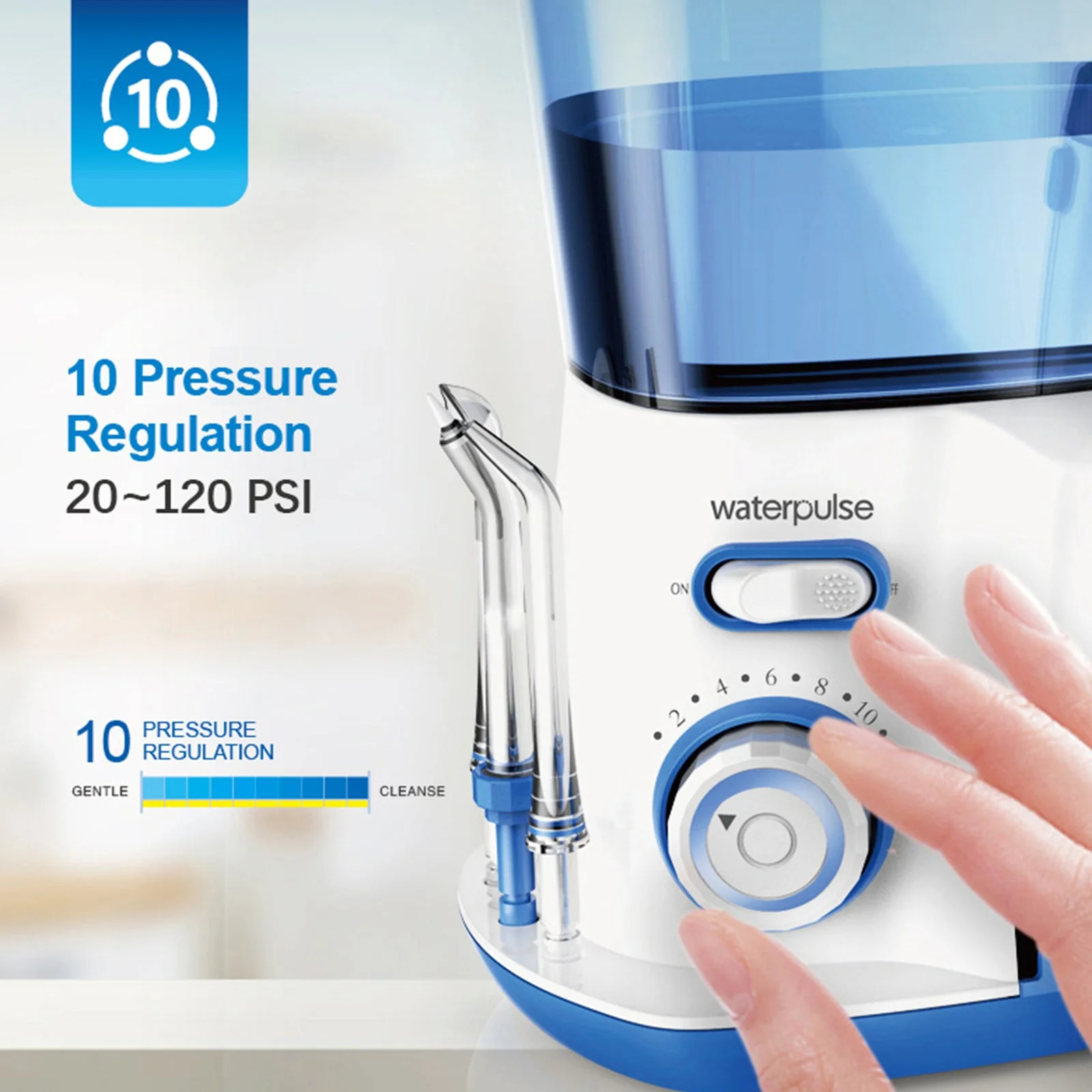 Waterpulse water flosser with pressure regulation features on a blurred background