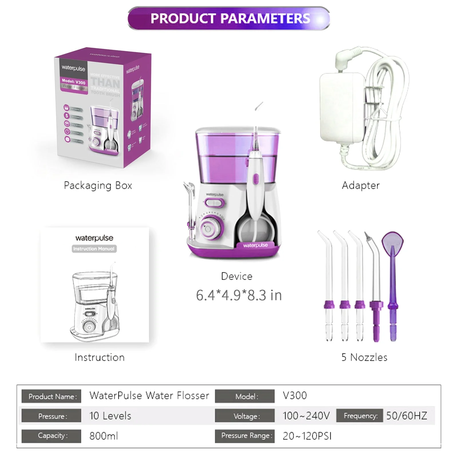 Waterpulse water flosser product information graphic showing the packaging box, adapter, instruction sheet, device, and five nozzles on a white background, with a product parameters table at the bottom.