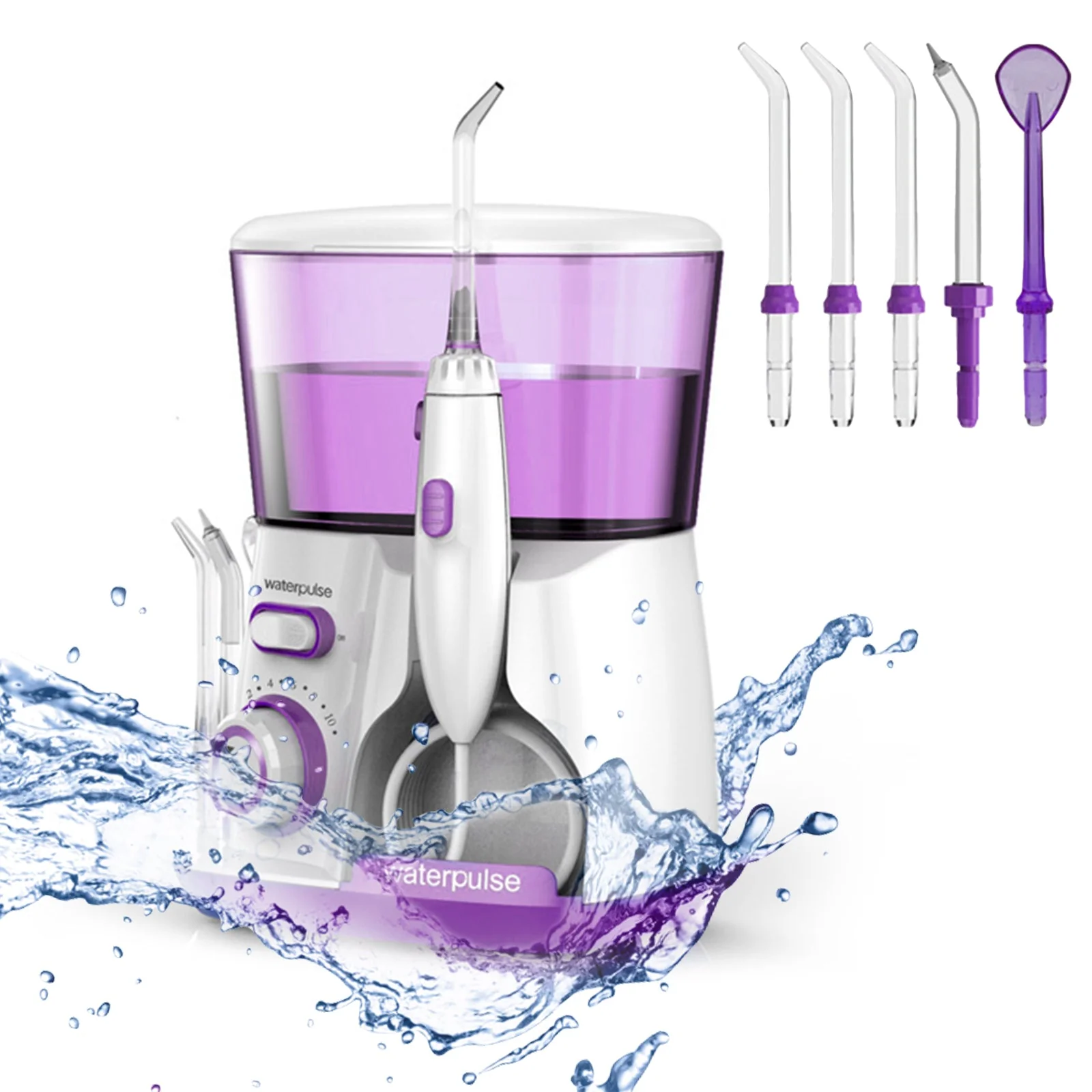 Waterpik dental water flosser with various nozzles on a white background