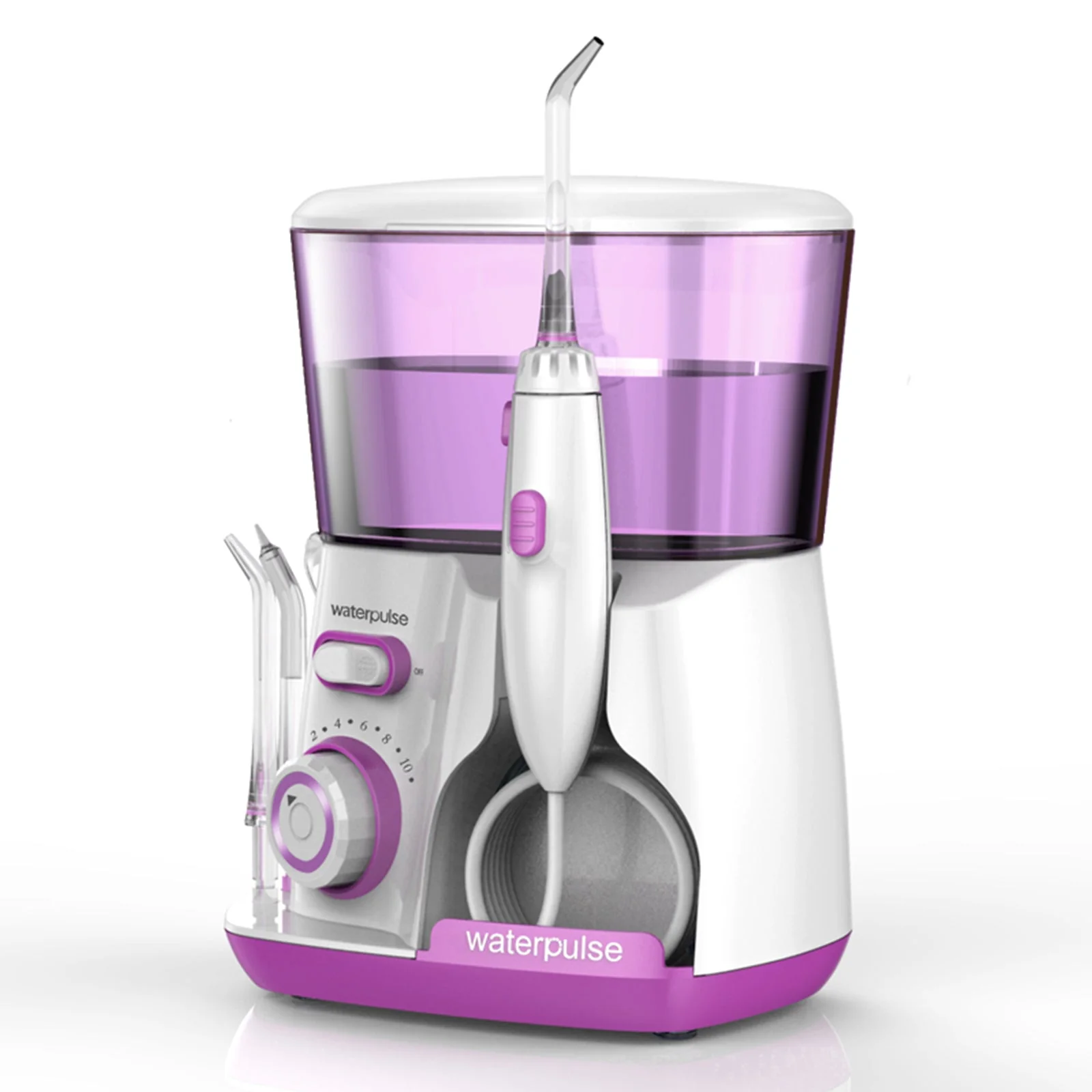 Purple and white dental water flosser on a white background