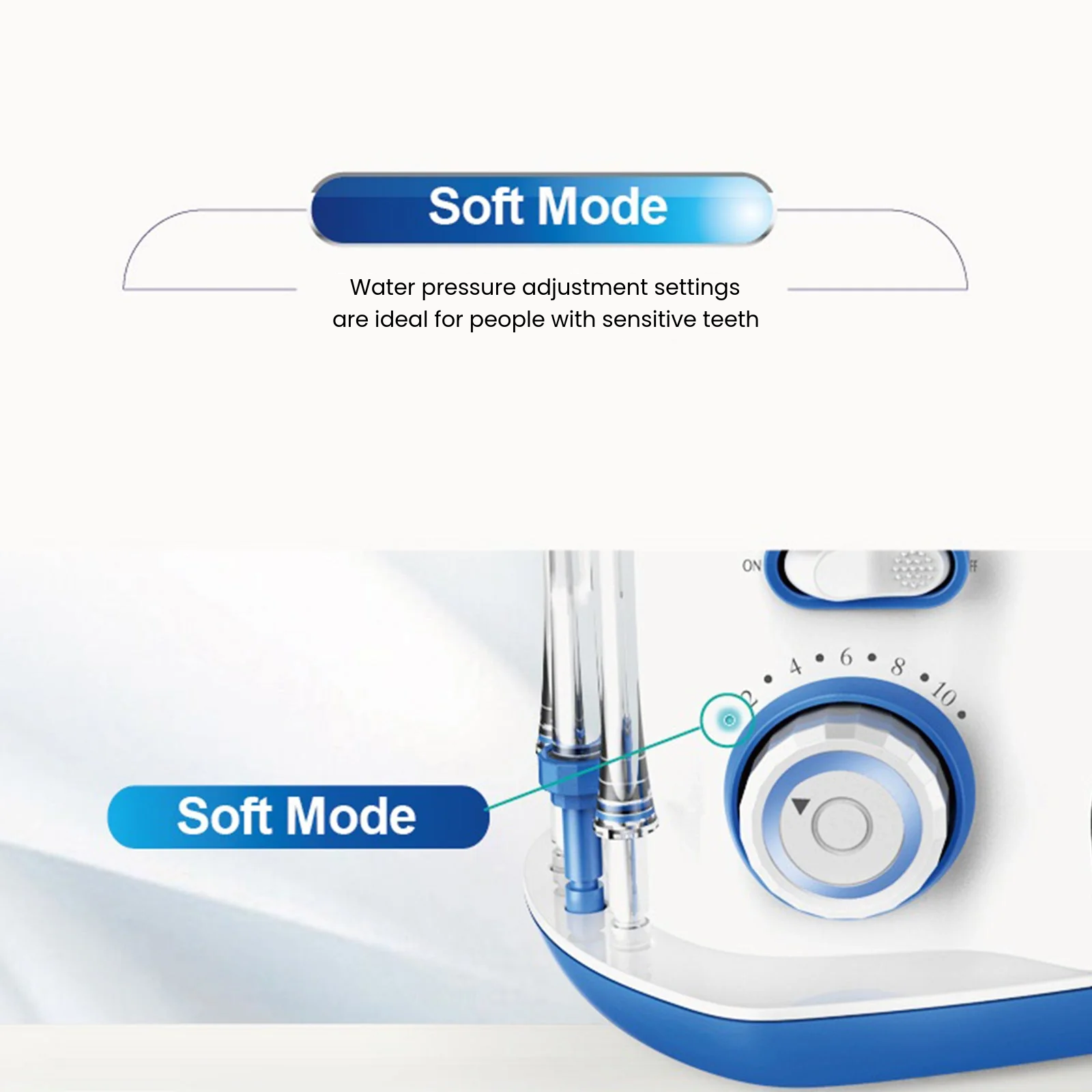 Faucet with soft mode feature labeled on a white background