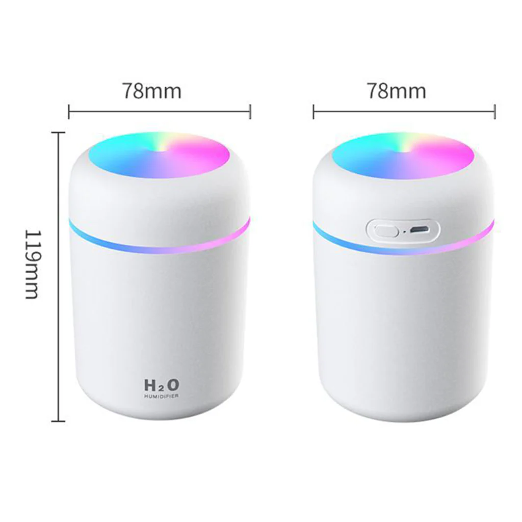 Two cylindrical devices with colorful LED lights and measurements on a white background
