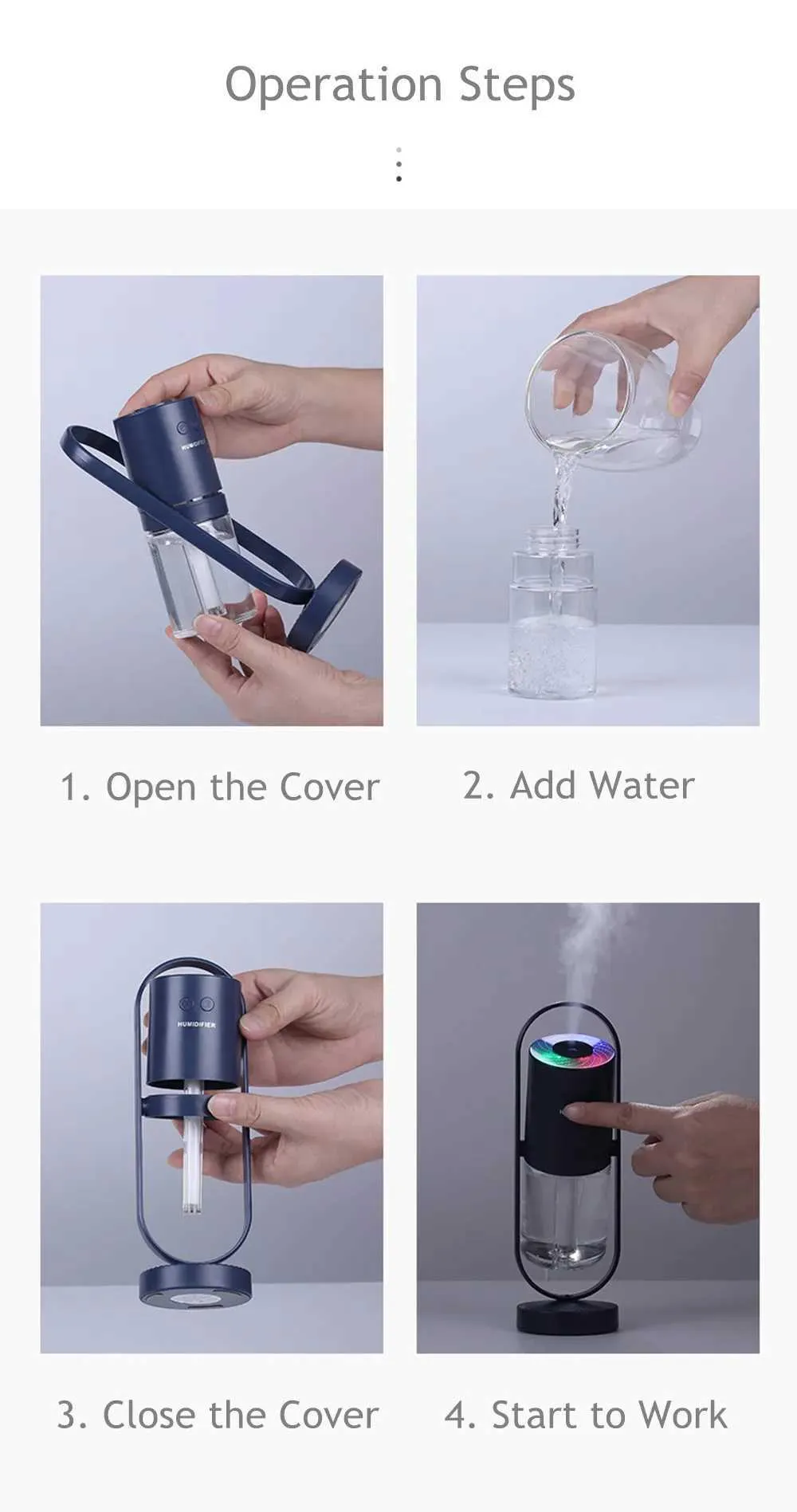 Four-panel operation diagram showing how to use a small portable humidifier or diffuser: open the cover, add water, close the cover, and start to work. The product appears dark gray/black with a clear water chamber and a small illuminated top panel.