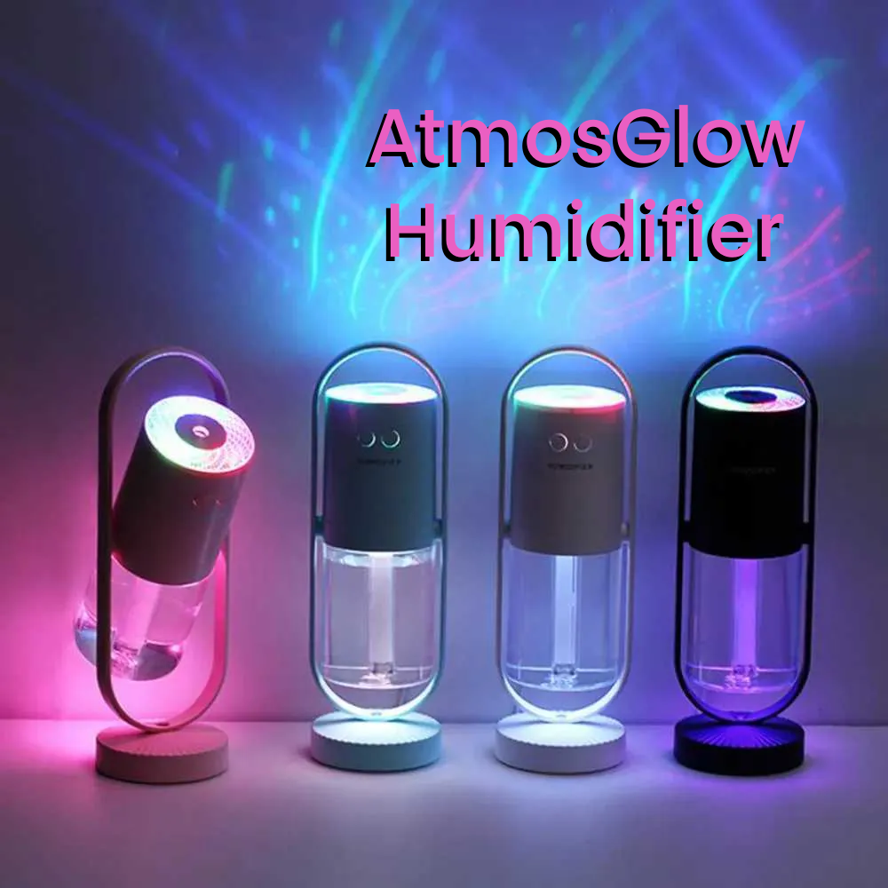 Four portable atmospheric humidifiers with LED light therapy, shown in different color modes (pink, blue, white, and purple) on a white surface with colorful light projections on the wall. The text 'AtmosGlow Humidifier' is displayed at the top.