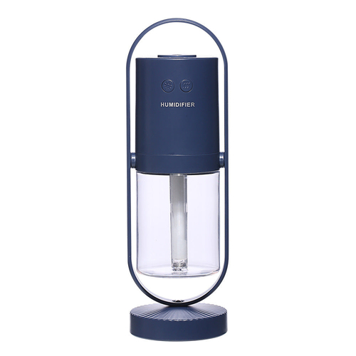 Navy blue humidifier with clear water tank on a white background